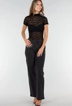 Zwarte Gehaakte Stretch Top met Col en Korte Mouwen