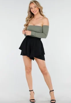 Zwarte Gelaagde Linnenlook Short met Stretch Band