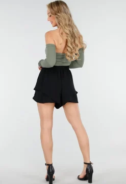 Zwarte Gelaagde Linnenlook Short met Stretch Band