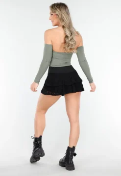 Zwarte Gelaagde Skort van Kant met Ruffles en Brede Tailleband