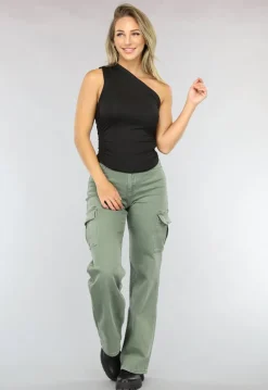 Zwarte Geplooide One Shoulder Top