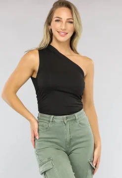 Zwarte Geplooide One Shoulder Top