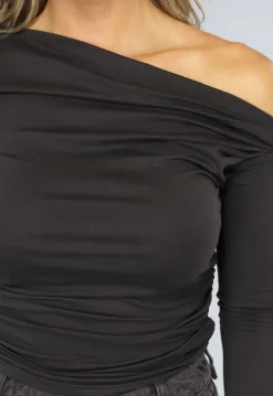 Zwarte Geplooide Top met Lange Mouwen
