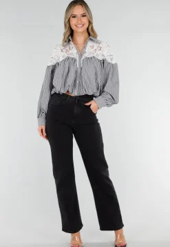 Zwarte Gestreepte Blouse met Kant en Strass Knopen