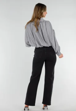 Zwarte Gestreepte Blouse met Kant en Strass Knopen