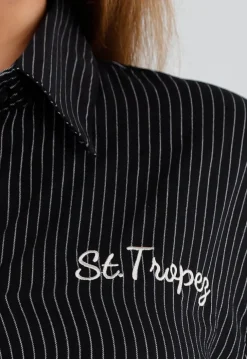 Zwarte Gestreepte Blouse met St. Tropez Borduursel Achterop
