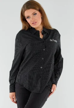 Zwarte Gestreepte Blouse met St. Tropez Borduursel Achterop