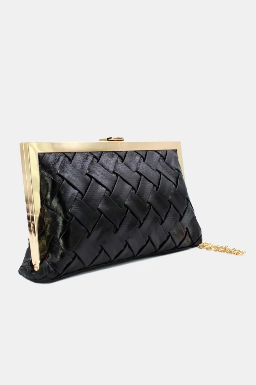Zwarte Gevlochten Clutch van Imitatieleer met Gouden Rand en Afneembare Schouderketting