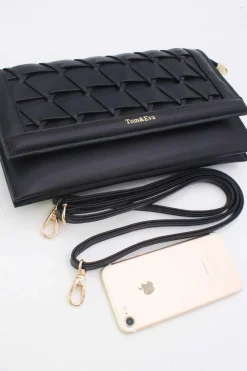 Zwarte Gevlochten Clutch van Imitatieleer met Afneembaar Schouderhengsel