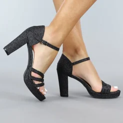 Zwarte Glam Glitter Sandaletten met Straps