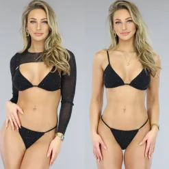Zwarte Glamour Bikini Set met Ultra Cropped Cover Up Topje