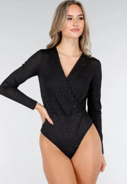 Zwarte Glitter Body met V-Hals en Overslag