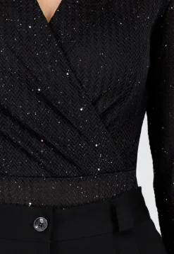 Zwarte Glitter Body met V-Hals en Overslag