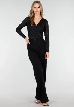 Zwarte Glitter Body met V-Hals en Overslag
