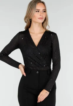 Zwarte Glitter Body met V-Hals en Overslag