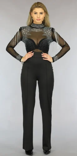 Zwarte Glitter Jumpsuit met Schoudervulling