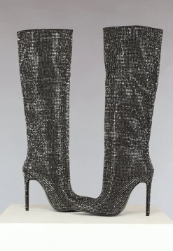 Zwarte Glitter Laarzen met Hoge Hak