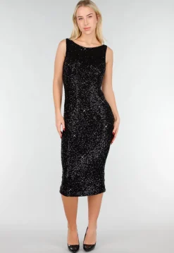 Zwarte Glitter Midi Jurk met Mouwloos Design
