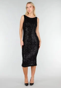 Zwarte Glitter Midi Jurk met Mouwloos Design