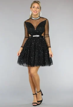 Zwarte Glitter Skater Jurk met Cutouts