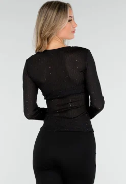 Zwarte Glitter Stretch Top met Lange Mouwen