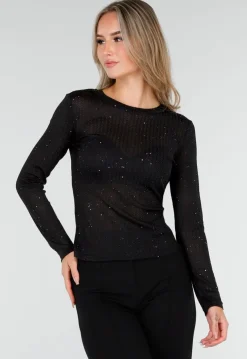Zwarte Glitter Stretch Top met Lange Mouwen