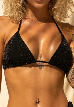 Zwarte Glitter Triangel Top met Uitneembare Pads