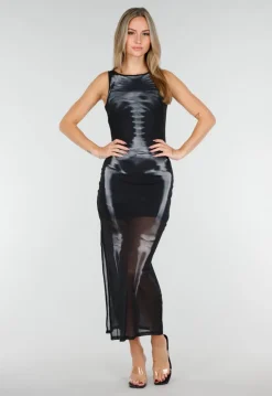 Zwarte Halloween Mesh Jurk met Split en Skelet Print