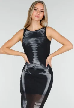 Zwarte Halloween Mesh Jurk met Split en Skelet Print