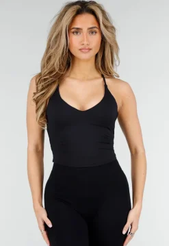 Zwarte Halter Crop Top met Open Rug