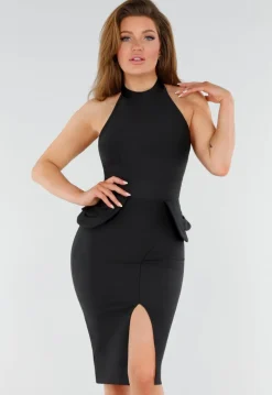 Zwarte Halter Midi Jurk met Peplum Detail en Split