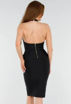 Zwarte Halter Midi Jurk met Peplum Detail en Split