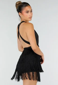 Zwarte Halter Playsuit met Franjes en Strikceintuur