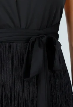 Zwarte Halter Playsuit met Franjes en Strikceintuur
