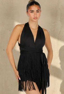 Zwarte Halter Playsuit met Franjes en Strikceintuur
