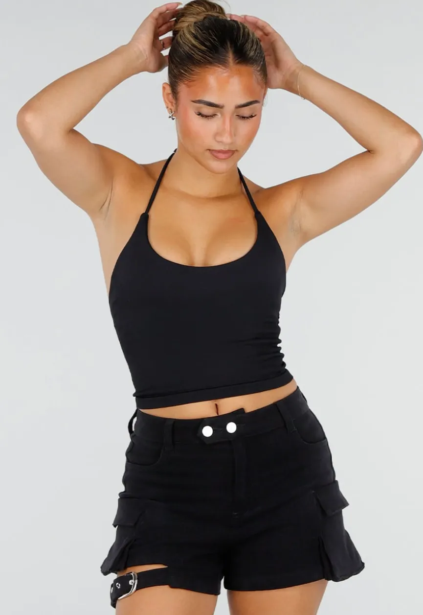 Zwarte Halter Sport Top met Verstelbaar Halterbandje, Uitneembare Pads en Stretch