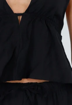 Zwarte Halter Top en Wide Leg Broek Set met Open Rug