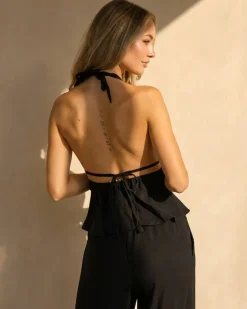Zwarte Halter Top en Wide Leg Broek Set met Open Rug