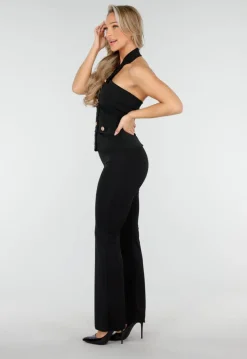 Zwarte Halter Top met Goudkleurige Knopen en Zakdetails in Stevige Stretchstof