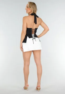 Zwarte Halter Top Met Split En Veterdetail Achterkant