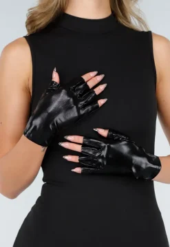 Zwarte Handschoenen van Glanzend Stretchmateriaal met Halve Vingers