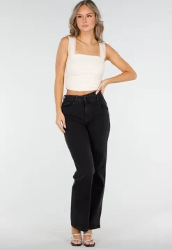 Zwarte High Waist Straight Jeans met Rechte Pijpen