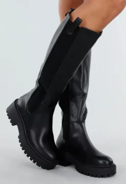 Zwarte Hoge Laarzen met Chunky Zool en Elastisch Detail