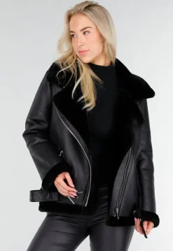Zwarte Imitatie Leren Biker Jas met Faux Fur