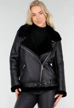 Zwarte Imitatie Leren Biker Jas met Faux Fur