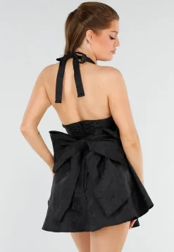 Zwarte Jacquard Halterjurk met Open Rug en Grote Strik