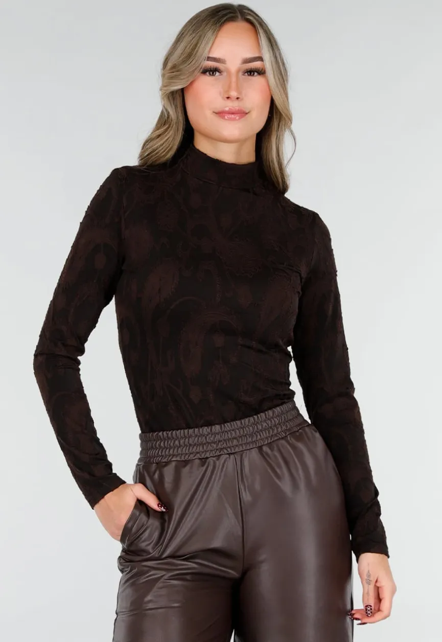 Zwarte Jacquard Top in Lange Mouw met Col en Stretch