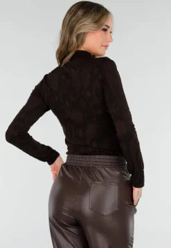 Zwarte Jacquard Top in Lange Mouw met Col en Stretch