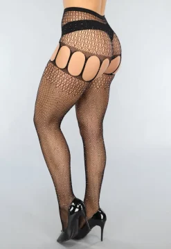 Zwarte Jarretel Look Fishnet Panty met Strass