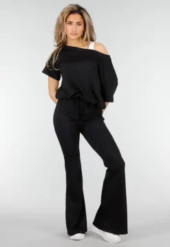 Zwarte Joggingbroek met Flared Pijpen en Elastische Taille
